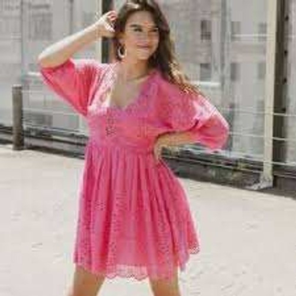 Free People Womens Hot Pink Eyelet Smocked Mini Dress LARGE Summer Resortwear